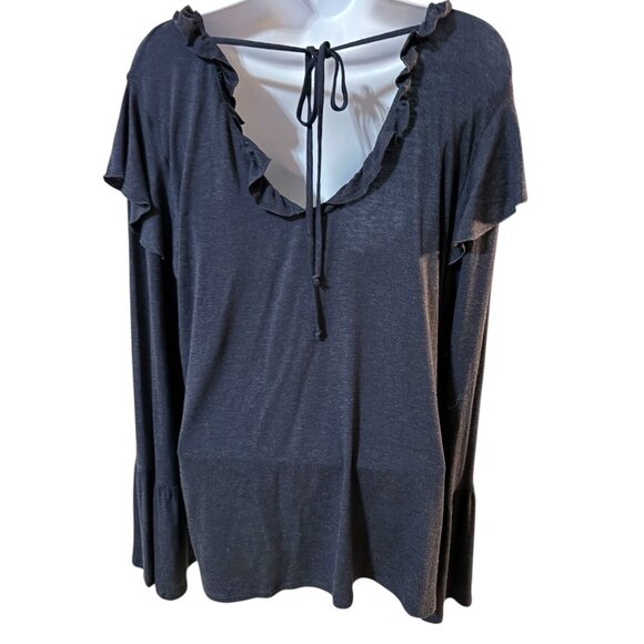 Pleione Ruffled V Neck Bell Sleeve Tie Back Top Womens Large Navy Blue - Picture 2 of 8